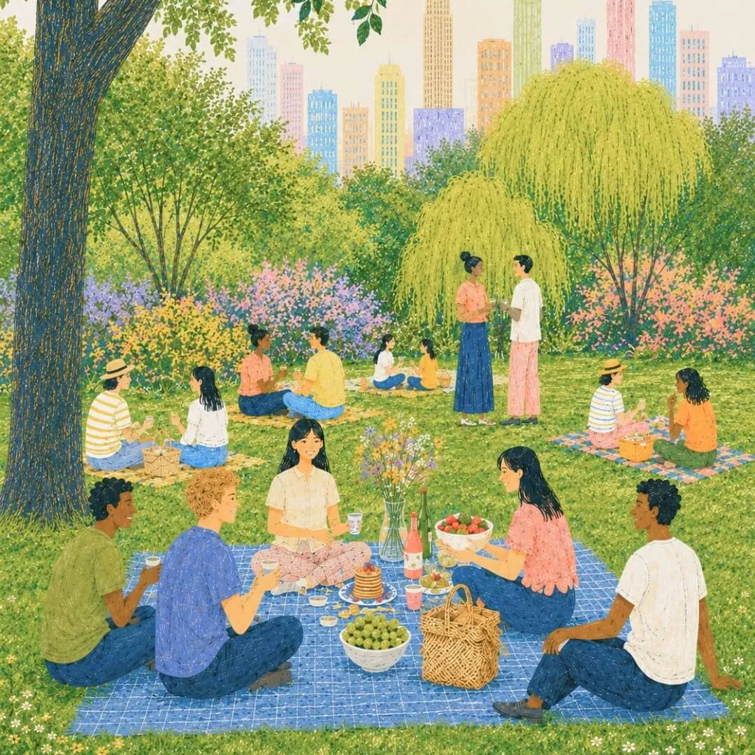 Diverse group of people enjoying a picnic lunch in a sunny park with trees, flowers, and city skyline in the background.
